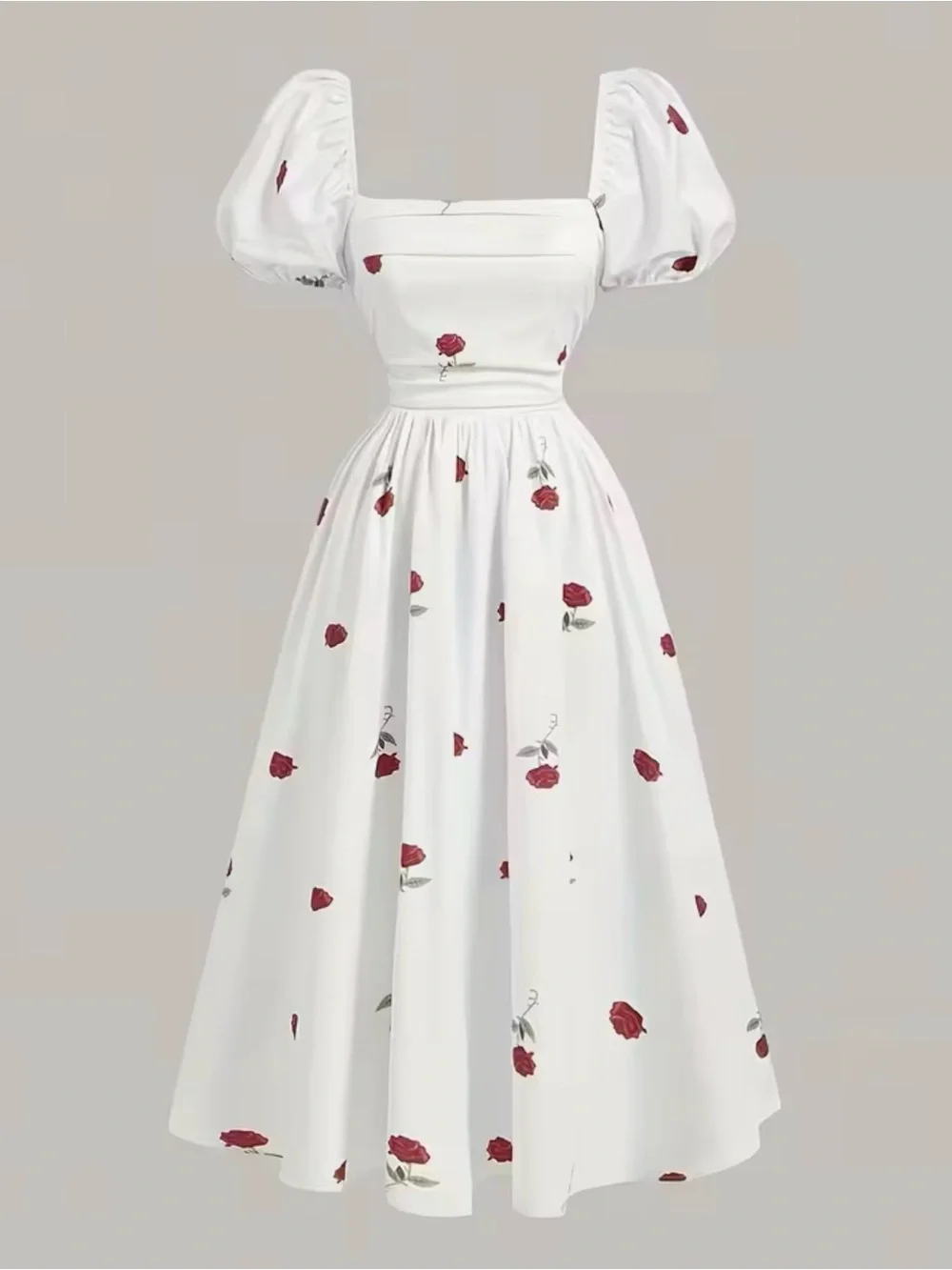 White Midi Dress with Red Rose Print - Puff Sleeve - Picture 3 of 4
